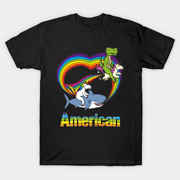 American Gift Dinosaur riding Unicorn T Rex Racing Shark Kids Boy Girl Teen Baby Cute Funny Rainbow Cool T-Shirt by Argosy